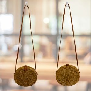 Vintage Straw Wicker Basket Circle Crossbody Handbag